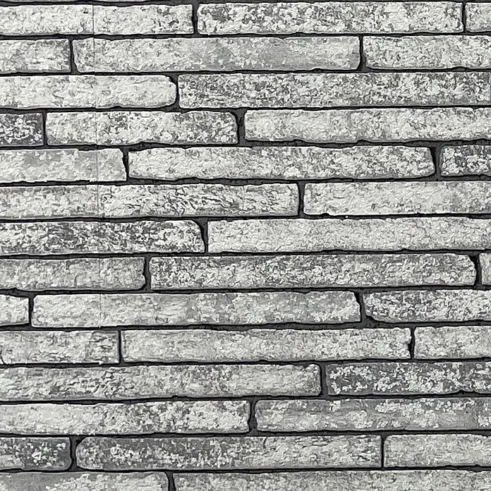 Marburg Sand & Stones Vliestapete Steinmauer I - Mittelgrau, Steinoptik, 10,05 x 0,53 m - Graue Klinker-Wandtextur mit unregelmäßigen, rechteckigen Steinen und dunklen Mörtelfugen.