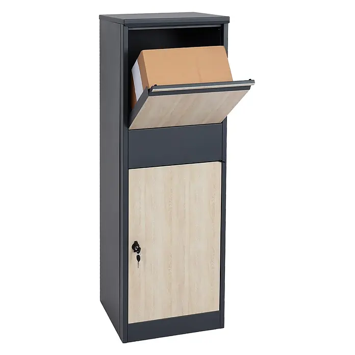 Mendler Paketkasten HWC-G80 - verzinkt anthrazit, Holzoptik hell -  - Dunkelgraue Paketbox mit heller Holzoptik, Paketeinwurf und abschließbarer Tür mit Schlüsseln.