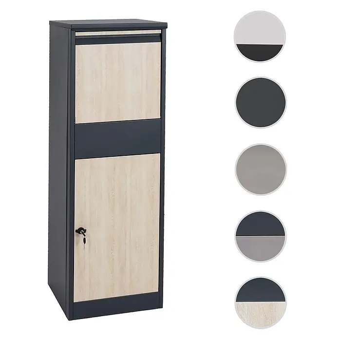 Mendler Paketkasten HWC-G80 - verzinkt anthrazit, Holzoptik hell -  - Zweifarbiger Paketkasten mit dunkelgrauem Korpus und hellen Holzfronten, inklusive Schloss.