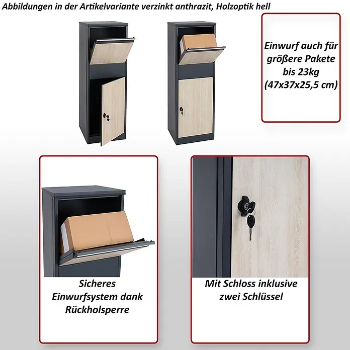 Mendler Paketkasten HWC-G80 - Edelstahl anthrazit -  - Paketkasten aus verzinktem Anthrazit mit hellen Holzoptik-Türen, sicheres Einwurfsystem für große Pakete, Schloss mit zwei Schlüsseln.