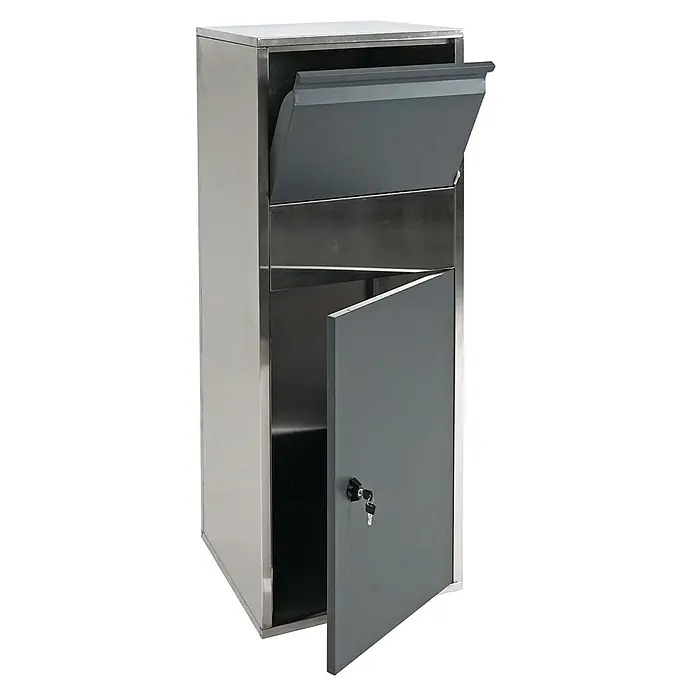 Mendler Paketkasten HWC-G80 - Edelstahl anthrazit -  - Paketkasten aus Edelstahl mit geöffneter grauer Einwurfklappe und offener grauer Entnahmetür, mit Schloss und Schlüsseln.