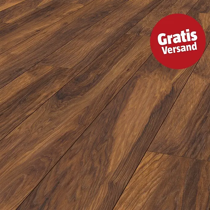 LOGOCLIC Vinto Laminat Classic - Hickory Donada, Landhausdiele, 1.288 x 195 x 8 mm - Dunkelbrauner Laminatboden mit ausgeprägter Holzmaserung, diagonal verlegte Dielen.