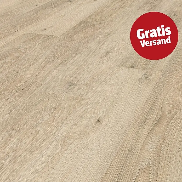 LOGOCLIC Laminat Eiche Cosmo - 1.288 x 195 x 8 mm, Landhausdiele, Eiche Cosmo - Helles Holzfußboden in Dielenoptik mit sichtbarer Maserung; roter Kreis mit „Gratis Versand“ (Free Shipping).