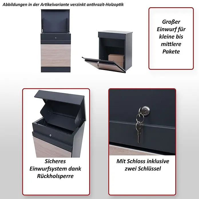 Mendler Paketkasten HWC-K41 Metall - verzinkt anthrazit-Holzoptik -  - Anthrazit-Paketbriefkasten mit Holzoptik-Element, großem Einwurf, Rückholsperre und Schloss mit zwei Schlüsseln.