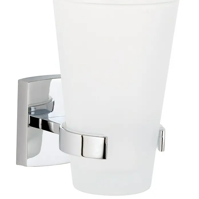 Tesa Portacepillos KL145 - Ø x Al: 11 x 12,4 cm, Vidrio, Cromo - Soporte de pared con vaso de vidrio esmerilado, ideal para cepillos de dientes y más en el baño. Práctico y elegante.