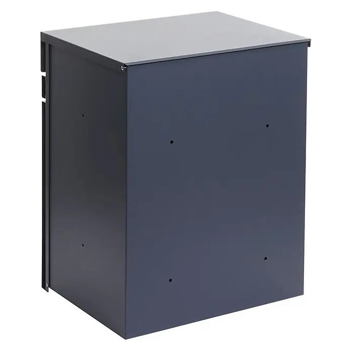Mendler Paketkasten HWC-K41 Metall - verzinkt anthrazit-Holzoptik -  - Anthrazitfarbene Metallbox mit flachem Deckel und seitlichen Löchern, geeignet für Pakete oder Außenlagerung.