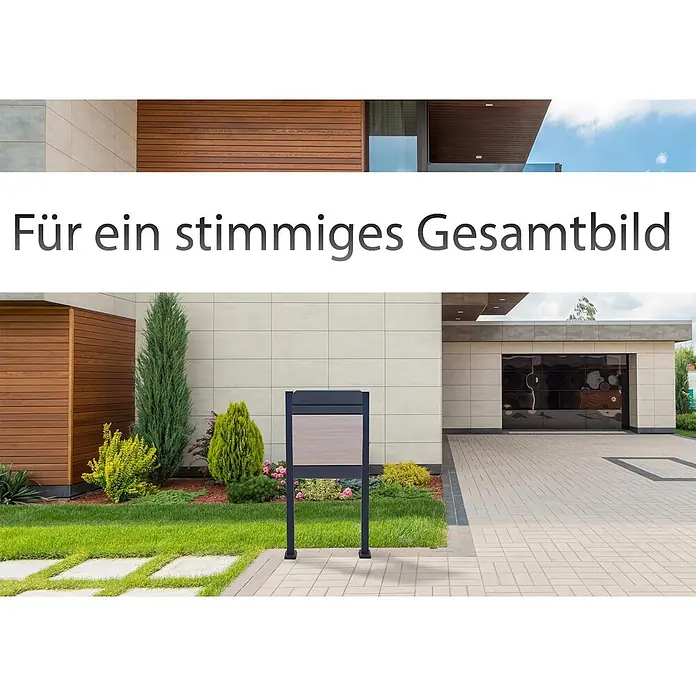 Mendler Paketkasten HWC-K41 Metall - verzinkt anthrazit-Holzoptik -  - Moderner Standbriefkasten mit dunkelgrauem Rahmen und heller Holzfront vor einem Haus.