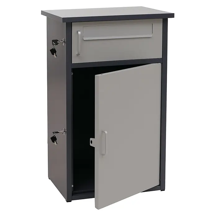 Mendler Paketkasten HWC-O51 Stahl 78x49x38cm - dunkelgrau/hellgrau -  - Zweifarbiger grauer Paketkasten aus Metall mit Briefschlitz, Griff und geöffnetem Unterfach, Schlüssel in seitlichen Schlössern.