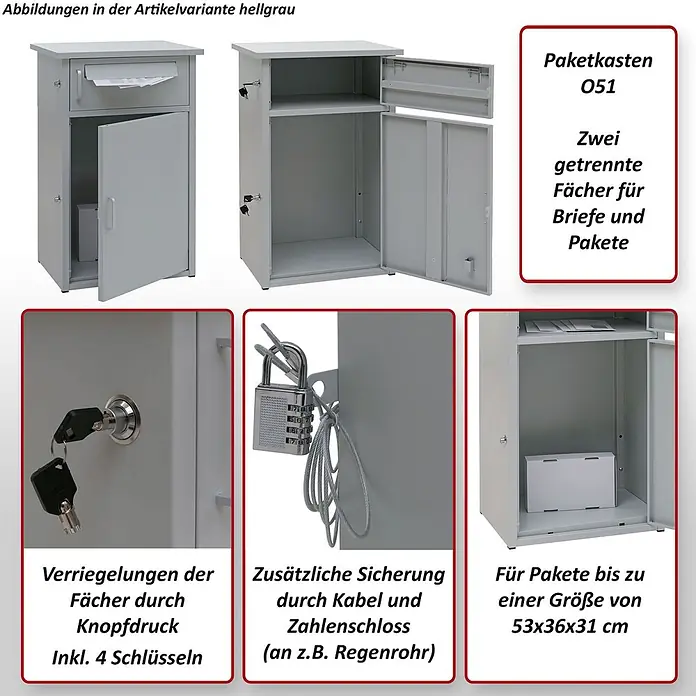 Mendler Paketkasten HWC-O51 Stahl 78x49x38cm - dunkelgrau/hellgrau -  - Hellgrauer Paketkasten mit zwei separaten Fächern für Briefe und Pakete. Mit Schlüsselverriegelung und optionaler Kabelsicherung.