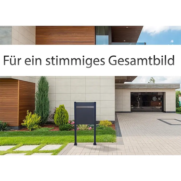 Mendler Paketkasten HWC-K41 Metall - Edelstahl verzinkt anthrazit -  - Dunkelgrauer Stehbriefkasten vor einem modernen Haus.