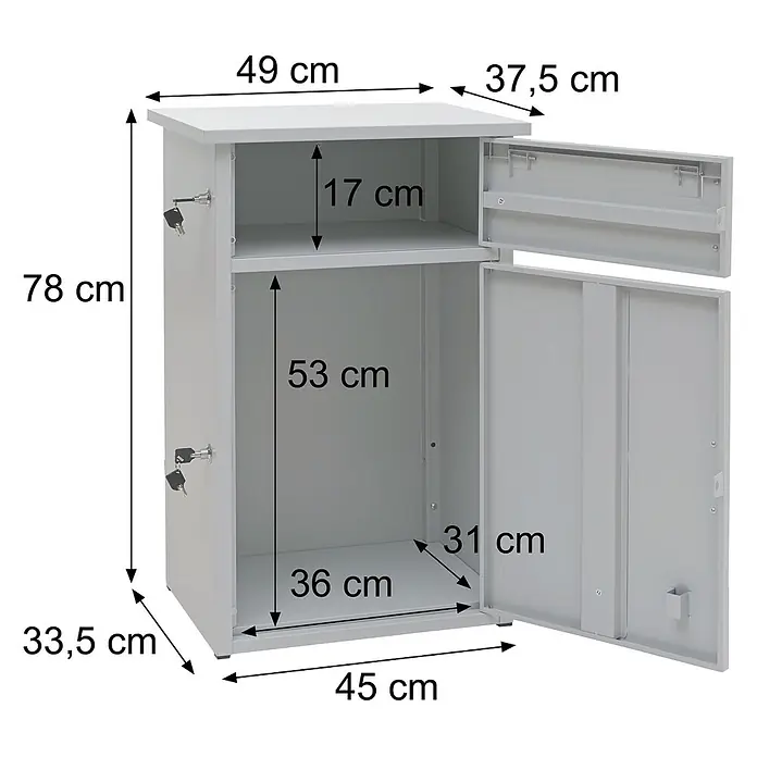 Mendler Paketkasten HWC-O51 Stahl 78x49x38cm - dunkelgrau/hellgrau -  - Hellgrauer Metallschrank mit zwei Türen, Innenfächern und sichtbaren Maßen.