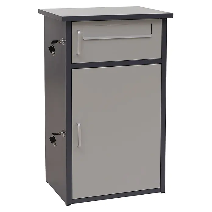 Mendler Paketkasten HWC-O51 Stahl 78x49x38cm - dunkelgrau/hellgrau -  - Zweifarbiger grauer Metall-Briefkasten/Paketbox mit oberem Briefschlitz, zwei abschließbaren Fächern und seitlichen Schlüsselschlössern.