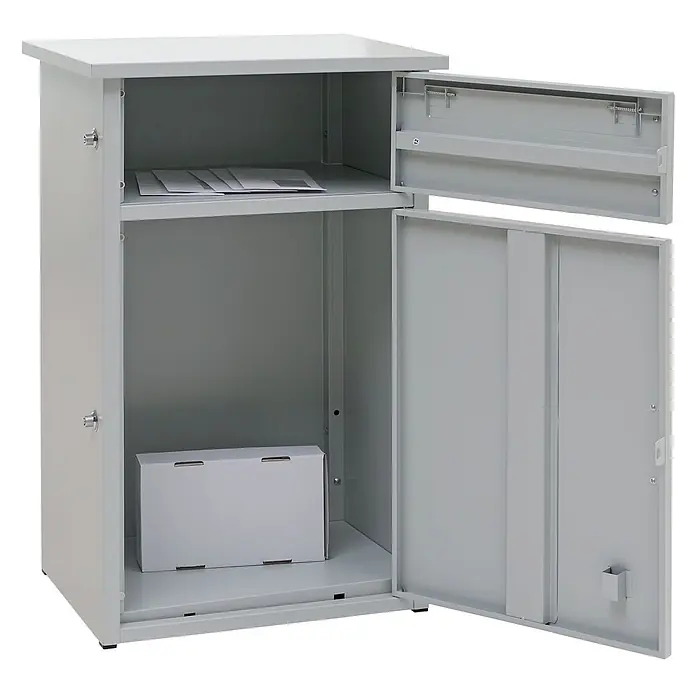 Mendler Paketkasten HWC-O51 Stahl 78x49x38cm - hellgrau -  - Offene graue Metall-Paketbox mit Innenfächern, Briefen und einem Paket.