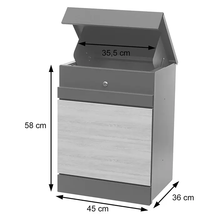 Mendler Paketkasten HWC-K41 Metall - Edelstahl verzinkt anthrazit -  - Grauer und hellholzfarbener moderner Briefkasten mit den Maßen Höhe (58 cm), Breite (45 cm), Tiefe (36 cm) und Einwurfbreite (35,5 cm).