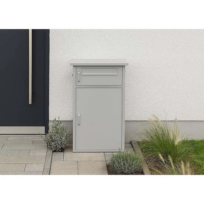Mendler Paketkasten HWC-O51 Stahl 78x49x38cm - hellgrau -  - Hellgrauer Metall-Außenschrank mit oberem Briefschlitz und unterem Ablagefach.
