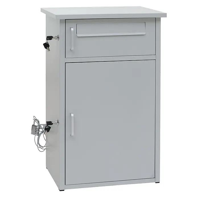 Mendler Paketkasten HWC-O51 Stahl 78x49x38cm - hellgrau -  - Grauer abschließbarer Metallbriefkasten mit obenliegendem Einwurfschlitz und unterem Staufach, inklusive angebrachter Schlüssel und Kabelschloss.