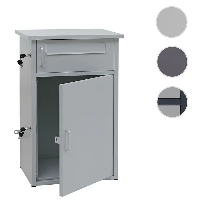 Mendler Paketkasten HWC-O51 Stahl 78x49x38cm - hellgrau -  - Hellgrauer Metallschrank mit obenliegendem Briefschlitz und abschließbarer unterer Tür mit Schlüsseln.
