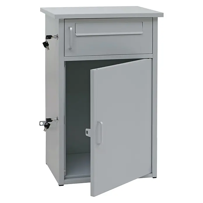 Mendler Paketkasten HWC-O51 Stahl 78x49x38cm - hellgrau -  - Grauer Metallschrank mit offener unterer Tür, obenliegendem Briefschlitz und Schlüsseln in seitlichen Schlössern.