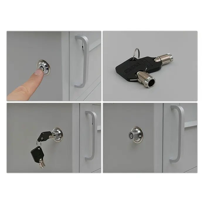Mendler Paketkasten HWC-O51 Stahl 78x49x38cm - hellgrau -  - Graues Metallschrankschloss und Schlüssel. Zeigt den Mechanismus, einen Finger, der ihn drückt, und eingesetzte oder separate Schlüssel.