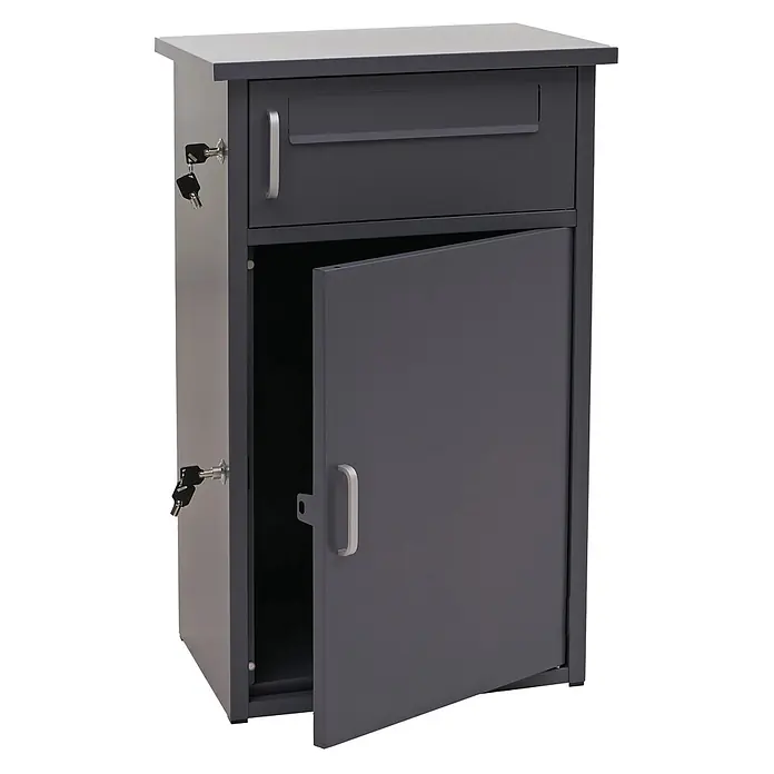Mendler Paketkasten HWC-O51 Stahl 78x49x38cm - dunkelgrau -  - Dunkelgrauer Paketbriefkasten aus Metall mit Briefschlitz und offener Vordertür, Schlüssel in seitlichen Schlössern.