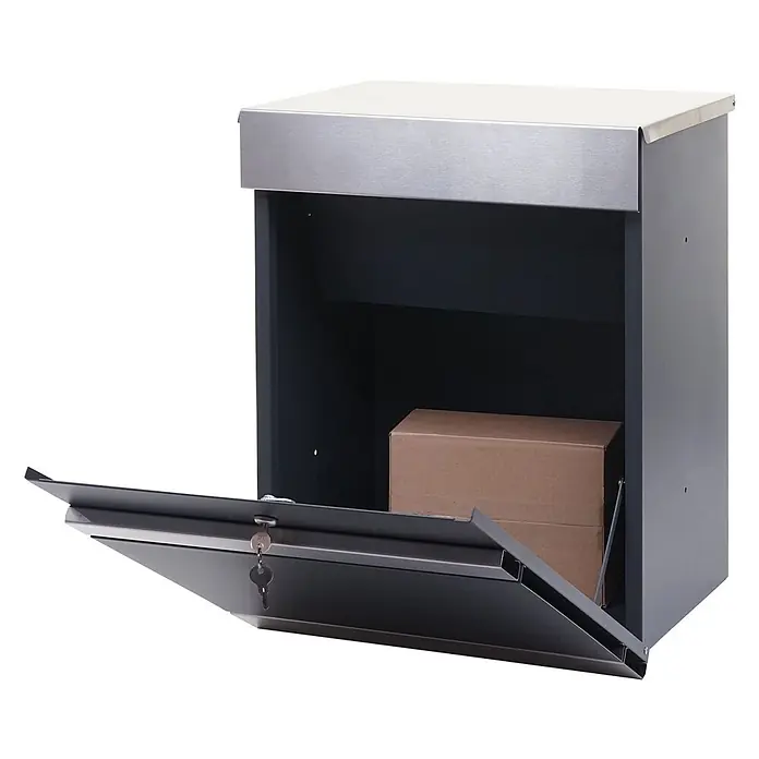 Mendler Paketkasten HWC-K41 Metall - Edelstahl verzinkt anthrazit -  - Dunkelgraue Paketbox mit silberner Oberseite, offene Fronttür mit braunem Paket und Schlüsseln.