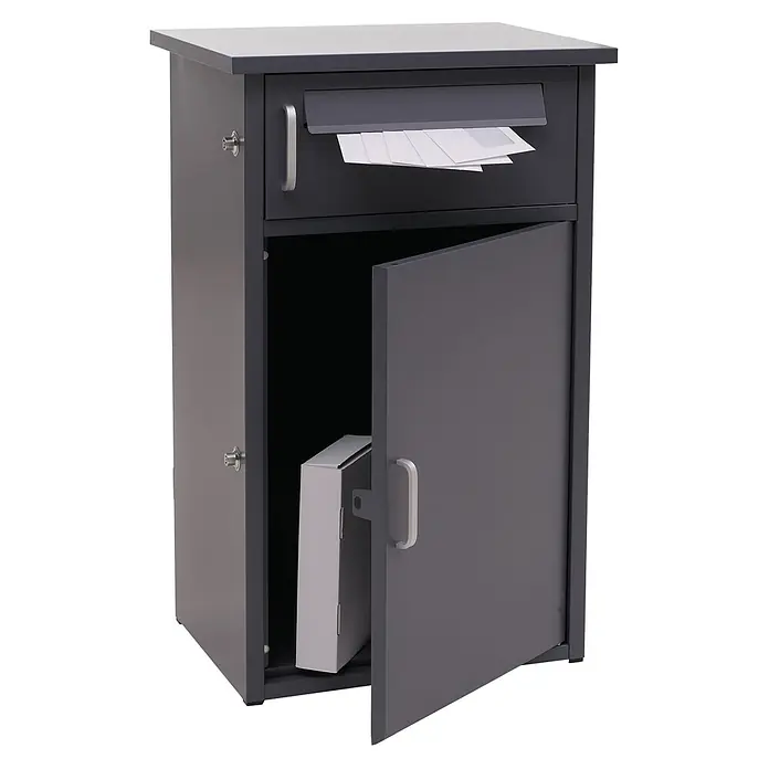 Mendler Paketkasten HWC-O51 Stahl 78x49x38cm - dunkelgrau -  - Dunkelgrauer Metall-Paketbriefkasten mit Briefschlitz und offenem Fach mit Paket.