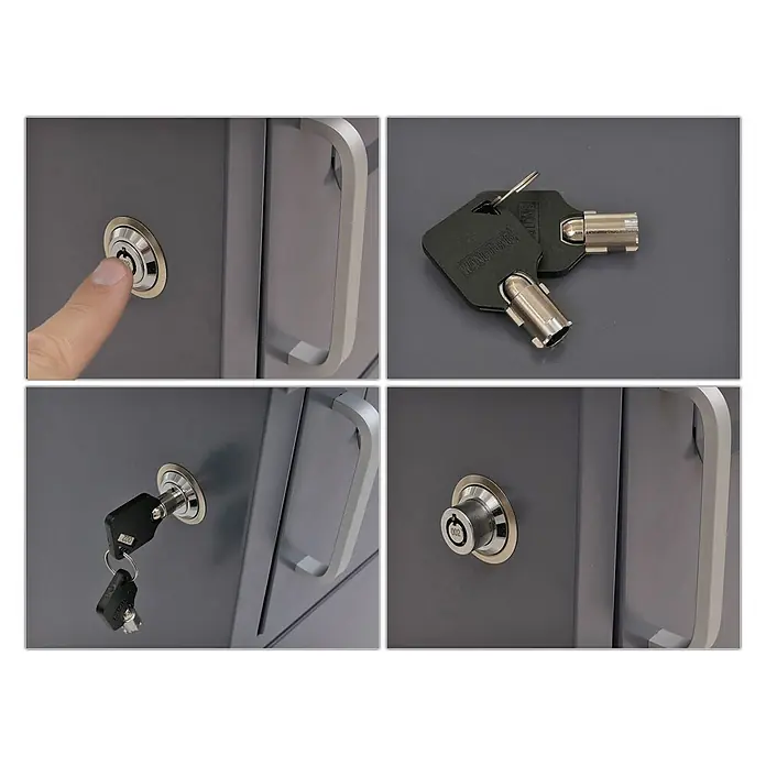 Mendler Paketkasten HWC-O51 Stahl 78x49x38cm - dunkelgrau -  - Silbernes Druckknopfsperrschloss mit schwarzen Schlüsseln, für einen grauen Schrank konzipiert, bedienbar durch Drücken oder mit einem Schlüssel.