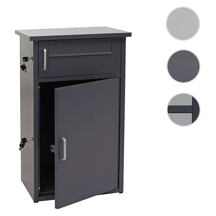 Mendler Paketkasten HWC-O51 Stahl 78x49x38cm - dunkelgrau -  - Dunkelgrauer Paket-Briefkasten mit hellgrauem Oberteil, Einwurfschlitz, offener Tür und Schlüsseln.