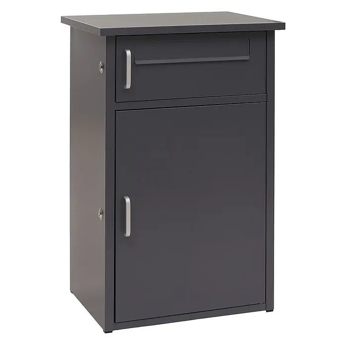 Mendler Paketkasten HWC-O51 Stahl 78x49x38cm - dunkelgrau -  - Dunkelgrauer Paketbriefkasten aus Metall mit oberem Briefschlitz und unterer Tür mit Griffen, seitlich abschließbar.