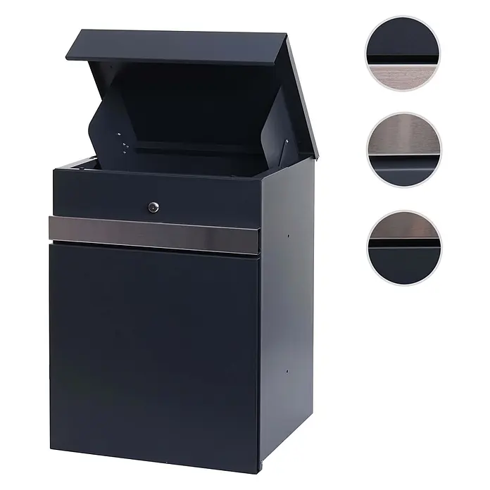 Mendler Paketkasten HWC-K41 Metall - verzinkt anthrazit-Edelstahl -  - Dunkelgrauer Metallbriefkasten mit gebürstetem Silberstreifen und geöffnetem Deckel, der den Einwurfschlitz zeigt, mit Schloss.