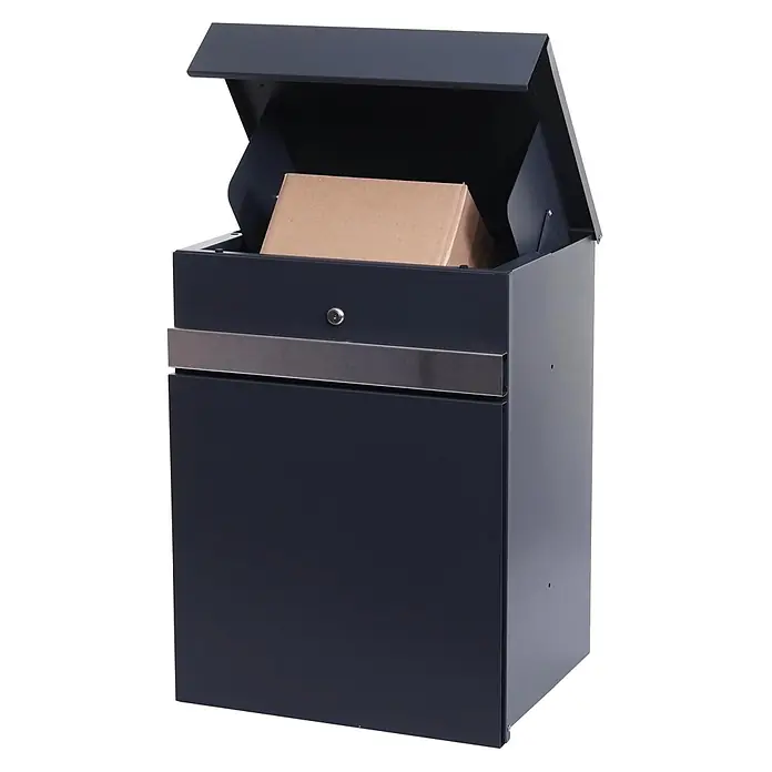 Mendler Paketkasten HWC-K41 Metall - verzinkt anthrazit-Edelstahl -  - Dunkelgrauer Paketbriefkasten mit silbernem Akzent, geöffnet mit einem braunen Paket darin.
