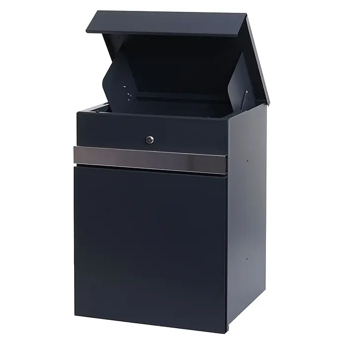 Mendler Paketkasten HWC-K41 Metall - verzinkt anthrazit-Edelstahl -  - Dunkelgrauer Metall-Paketbriefkasten mit offenem oberen Einwurfschlitz, einer silbernen Zierleiste und einem Frontschloss.