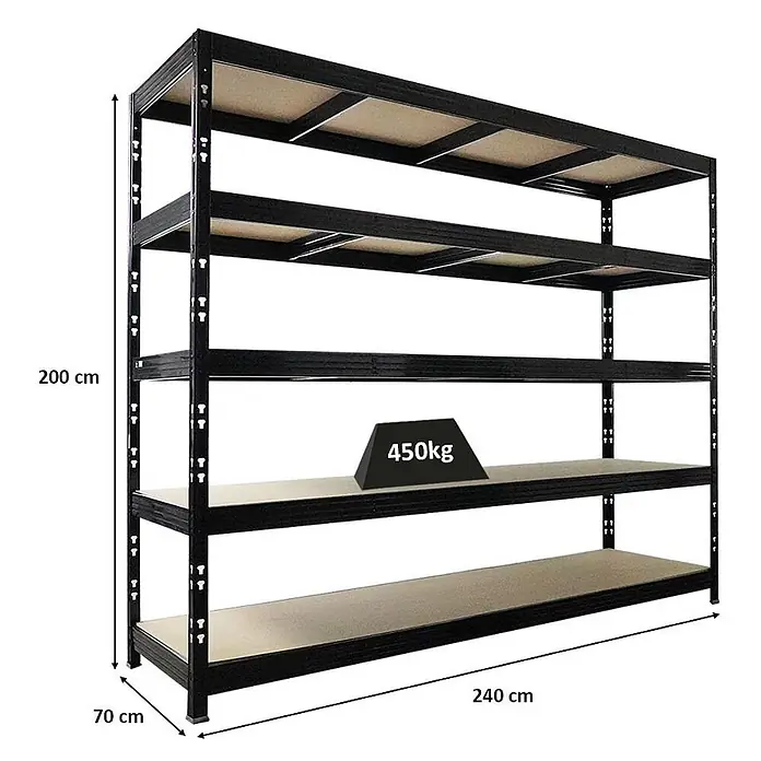 Profi Schwerlastregal Rhino | HxBxT 200x240x70cm | 5 Spanplatten-Ebenen 8mm | Fachlast 450kg | Schwarz -  - Schwarzmetall Schwerlastregal mit 5 Holzablagen. Maße 200x240x70 cm, 450kg Tragkraft pro Boden.