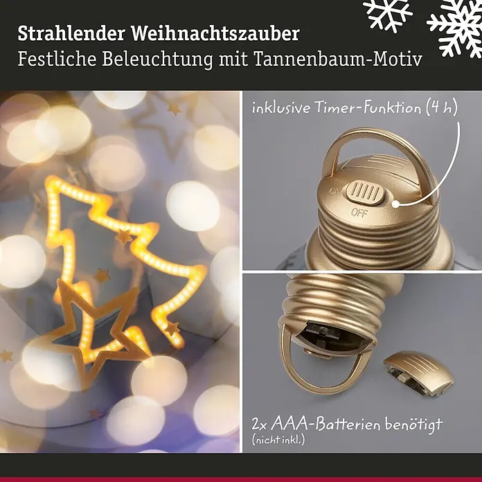 Paulmann LED-Weihnachtsdekoleuchte Christmas Globe - Braunglas, Batteriebetrieben, LED - Strahlende Weihnachtsbeleuchtung mit Tannenbaum-Motiv. Goldene Kappe mit 4h-Timer und Batteriefach (2x AAA, nicht inkl.).