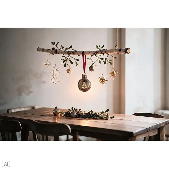 Paulmann LED-Weihnachtsdekoleuchte Christmas Globe - Braunglas, Batteriebetrieben, LED - Birkenzweig mit Mistel, goldfarbenen Sternen, geometrischen Ornamenten und leuchtender Weihnachtsbaum-Glühbirne über einem Holztisch.