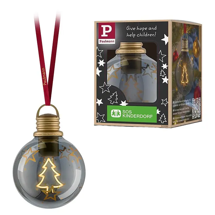 Paulmann LED-Weihnachtsdekoleuchte Christmas Globe - Braunglas, Batteriebetrieben, LED - LED-Christbaumkugel mit goldenen Sternen und rotem Band, zusammen mit ihrer Spendenverpackung dargestellt.