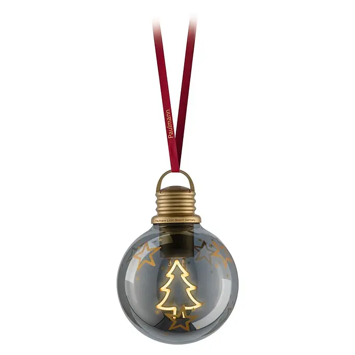 Paulmann LED-Weihnachtsdekoleuchte Christmas Globe - Braunglas, Batteriebetrieben, LED - Eine rauchfarbene dekorative LED-Glühbirne als Weihnachtsornament, mit leuchtendem Tannenbaum-Glühfaden, goldenen Sternen und rotem Aufhängeband.