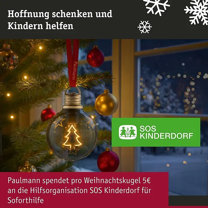 Paulmann LED-Weihnachtsdekoleuchte Christmas Globe - Braunglas, Batteriebetrieben, LED - Paulmann Weihnachtskugel-Glühbirne mit leuchtendem Weihnachtsbaum-Faden, an einem geschmückten Christbaum mit anderen Kugeln.
