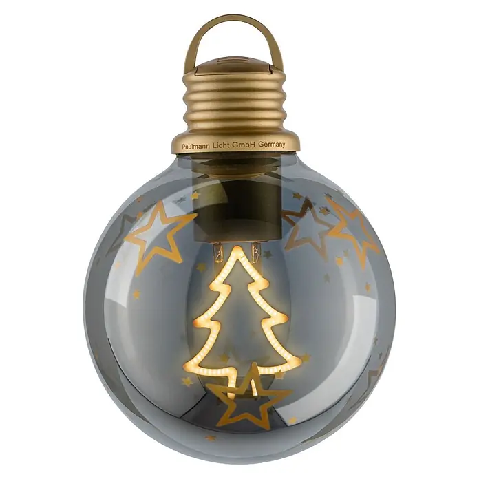 Paulmann LED-Weihnachtsdekoleuchte Christmas Globe - Braunglas, Batteriebetrieben, LED - Dekorative LED-Glühbirne mit goldenem Sockel und Aufhänger, mit leuchtendem Weihnachtsbaum-Glühfaden und goldenen Sternmustern auf Rauchglas.