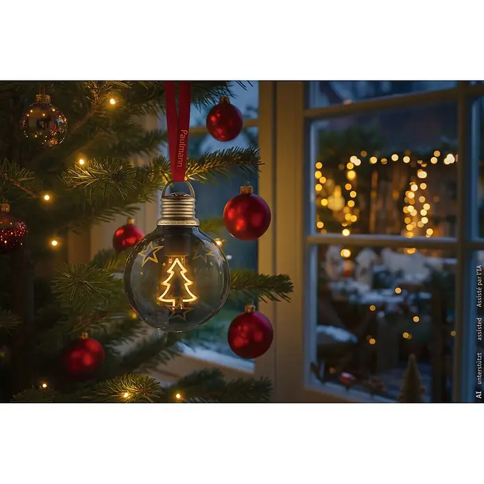 Paulmann LED-Weihnachtsdekoleuchte Christmas Globe - Braunglas, Batteriebetrieben, LED - Paulmann Klarglas-Glühbirnen-Ornament mit leuchtendem Weihnachtsbaum-Glühfaden und Sternen, hängt an rotem Band am Weihnachtsbaum.