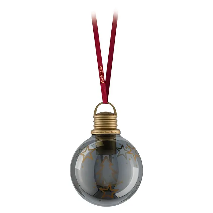 Paulmann LED-Weihnachtsdekoleuchte Christmas Globe - Braunglas, Batteriebetrieben, LED - Dekorativer Glühbirnen-Anhänger aus grauem Glas mit goldenem Sockel und goldener Weihnachtsbaum-/Sternenmusterung, hängt an einem roten Paulmann-Band.