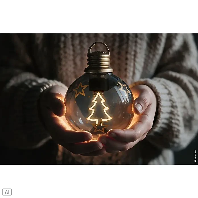 Paulmann LED-Weihnachtsdekoleuchte Christmas Globe - Braunglas, Batteriebetrieben, LED - Hände in kuscheligem Pullover halten eine dekorative Glühbirne mit leuchtendem Weihnachtsbaum und Sternen.