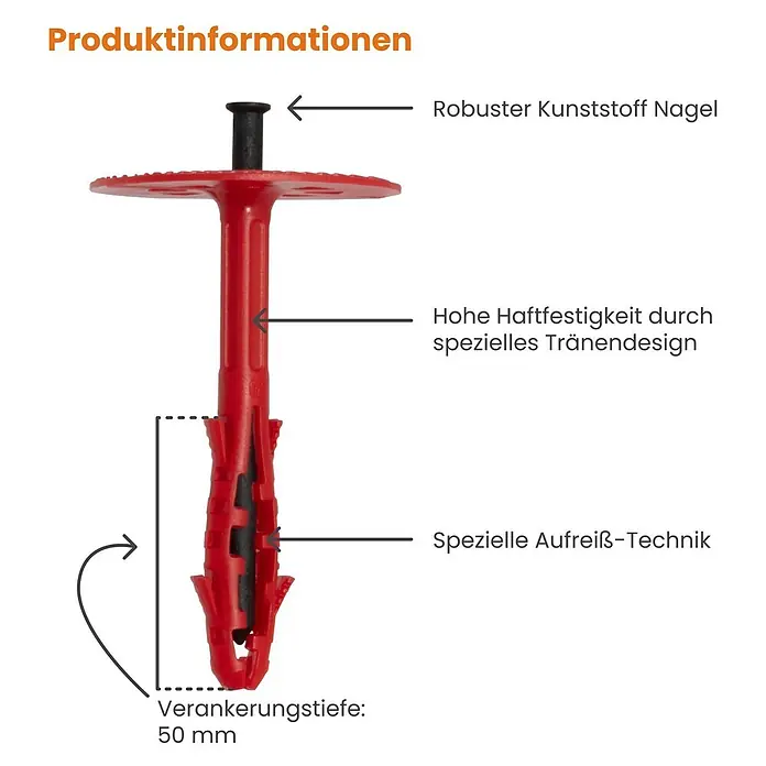 Protektor Dämmstoffdübel - Kunststoff - Roter Kunststoffdübel mit schwarzem Nagel, 50 mm Verankerungstiefe, mit spezieller Haftfestigkeit und Aufreiß-Technik.