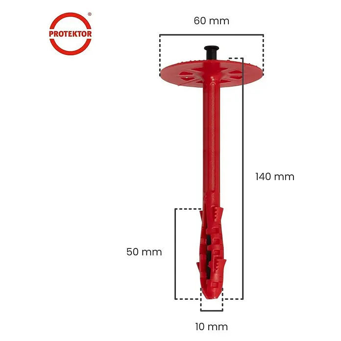 Protektor Dämmstoffdübel - Kunststoff - Roter Fassadendübel, 140 mm lang, mit 60 mm Tellerkopf.
