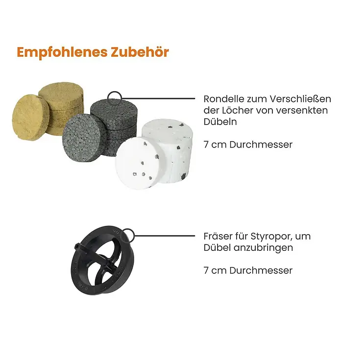 Protektor Dämmstoffdübel - Kunststoff - Rondellen aus Dämmmaterial zum Verschließen von Dübellöchern und schwarzer Styroporfräser, 7 cm Durchmesser.