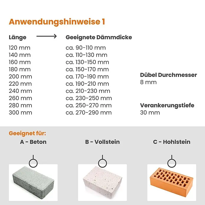 Protektor Dämmstoffdübel - Kunststoff - Anwendungshinweise für Dämmstoffdübel: Dämmdicke nach Länge, 8mm Dübeldurchmesser, 30mm Verankerungstiefe. Geeignet für Beton, Voll- und Hohlstein.