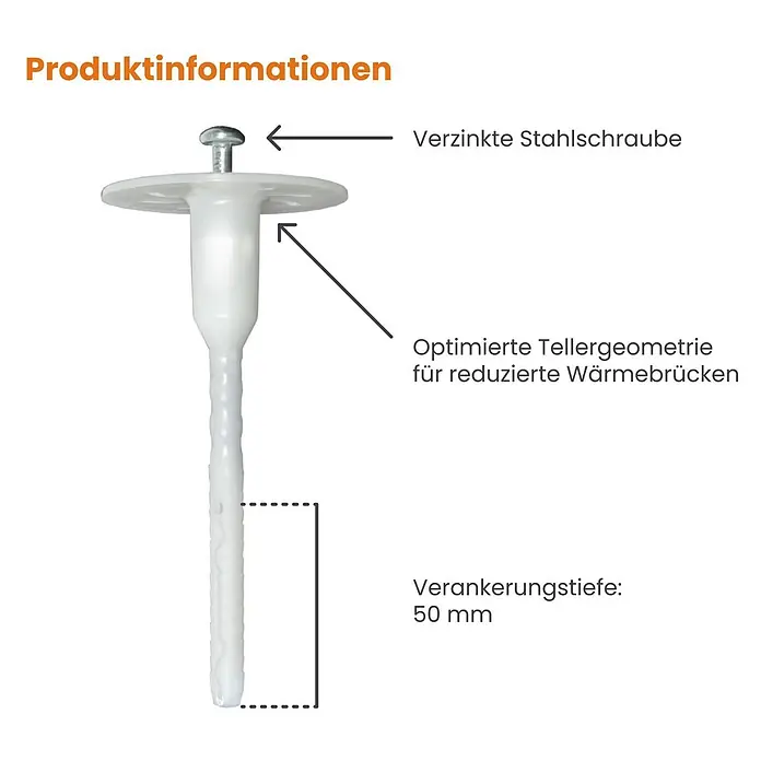 Protektor Dämmstoffdübel - Kunststoff - Weißer Dämmstoffdübel mit verzinkter Stahlschraube, optimierter Tellergeometrie und 50 mm Verankerungstiefe.