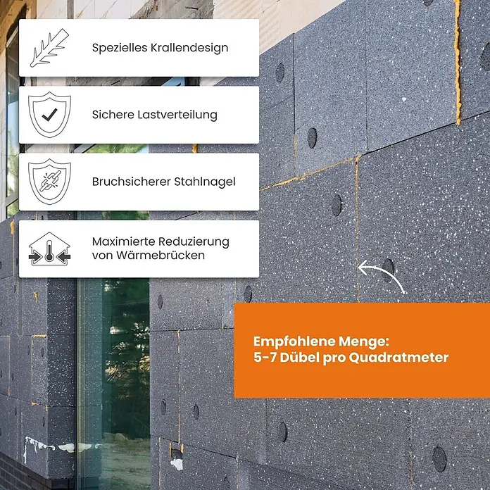 Protektor Dämmstoffdübel - Kunststoff - Dunkelgraue Dämmplatten mit schwarzen Dübeln für eine sichere Fassadenisolierung an einem Gebäude.