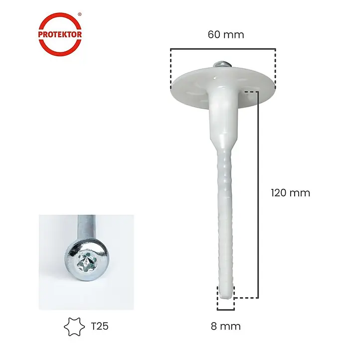 Protektor Dämmstoffdübel - Kunststoff - Weißer Kunststoff-Isolierdübel mit Metallschraube, T25-Sternantrieb. 60mm Teller, 120mm Länge, 8mm Schaft.