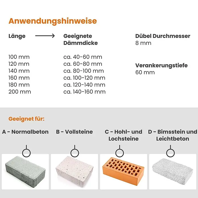 Protektor Dämmstoffdübel - Kunststoff - Anwendungshinweise für Dübel: Tabelle mit Längen vs. Dämmdicke, 8mm Durchmesser, 60mm Verankerungstiefe, geeignet für verschiedene Mauerwerkstypen.